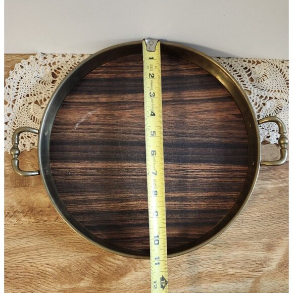 MCM Brass Handled Tray Faux Wood Laminate 11" Round Vintage - Picture 6 of 9